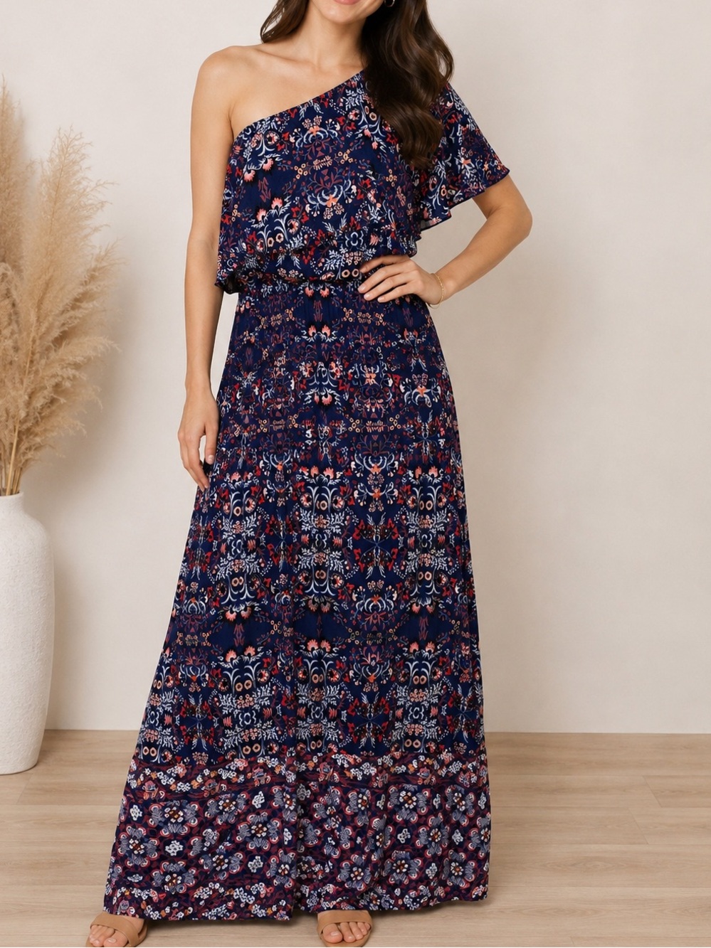 Vince Camuto Women’s Size 14 One Shoulder Navy Orange Floral Maxi Dress Chiffon